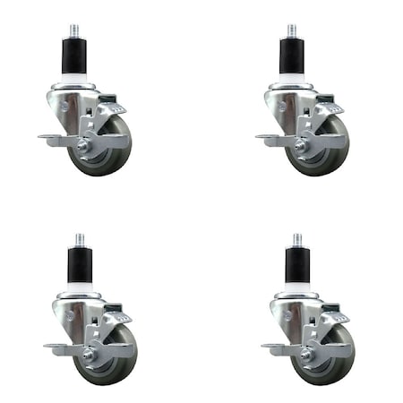 Service Caster 3'' Gray Poly Swivel 1-1/2'' Expanding Stem Caster Set with Brake, 4PK SCC-EX20S314-PPUB-TLB-112-4